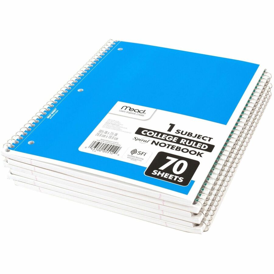 Mead Notebook - 1 Subject(s) - 70 Sheets - 70 Pages - Wire Bound - 3 Hole(s) - 7 1/2" x 10 1/2" Sheet Size - 10.50" Height x 8.3" Width x 0.5" Depth - Black, Blue, Green, Purple, Red, Yellow Cover - Opaque, Double Sided Sheet, Perforated, Easy Tear, Du...