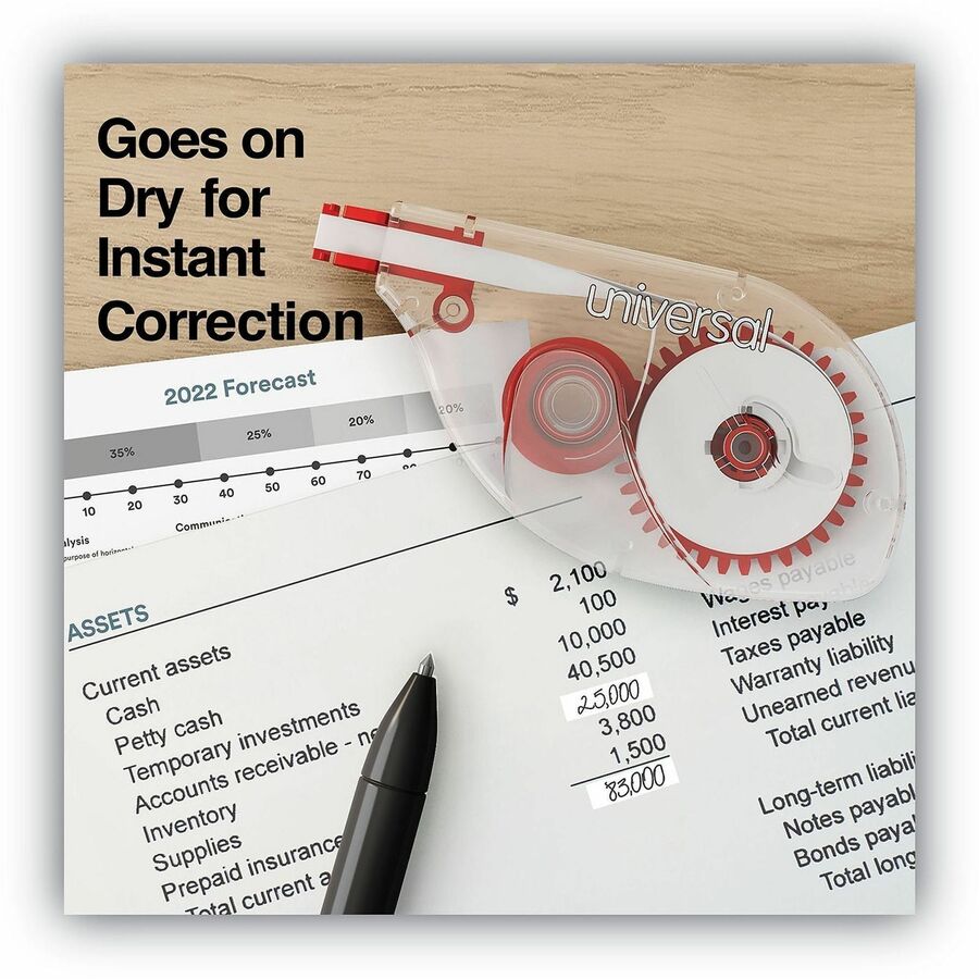Universal Correction Tape - 0.20" Tape Width x 32.75 ft Tape Length - 1 Line(s) - White Tape - Red, Clear Dispenser - Non-refillable, Ergonomic, Tear Resistant, Flexible - Transparent - Film, Plastic - 2 / Pack