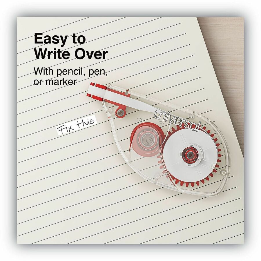 Universal Correction Tape - 0.20" Tape Width x 32.75 ft Tape Length - 1 Line(s) - White Tape - Red, Clear Dispenser - Non-refillable, Ergonomic, Tear Resistant, Flexible - Transparent - Film, Plastic - 2 / Pack