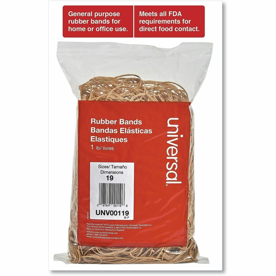 Universal Standard Rubber Bands - Size: #19 - 3.5" Length x 0.1" Width - Elastic - Rubber - Beige - 1240 / Pack