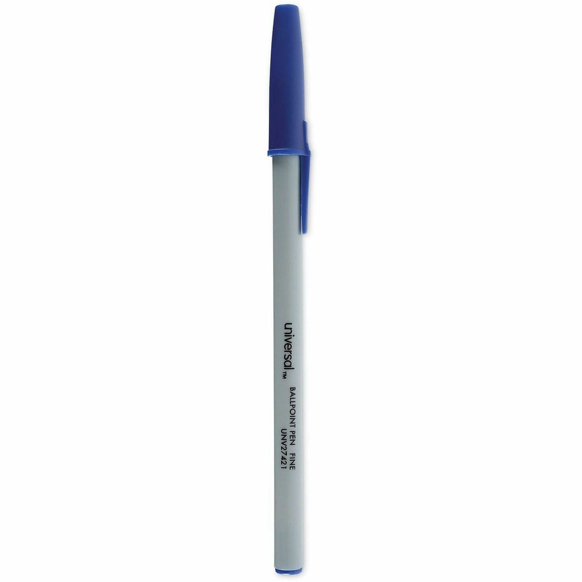 Universal Ballpoint Pen - Conical, 0.7 mm Fine Pen Point - Blue Ink - Oil Based - Gray Stick, Blue Barrel - Office - 1 Dozen