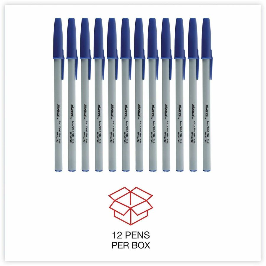 Universal Ballpoint Pen - Conical, 0.7 mm Fine Pen Point - Blue Ink - Oil Based - Gray Stick, Blue Barrel - Office - 1 Dozen