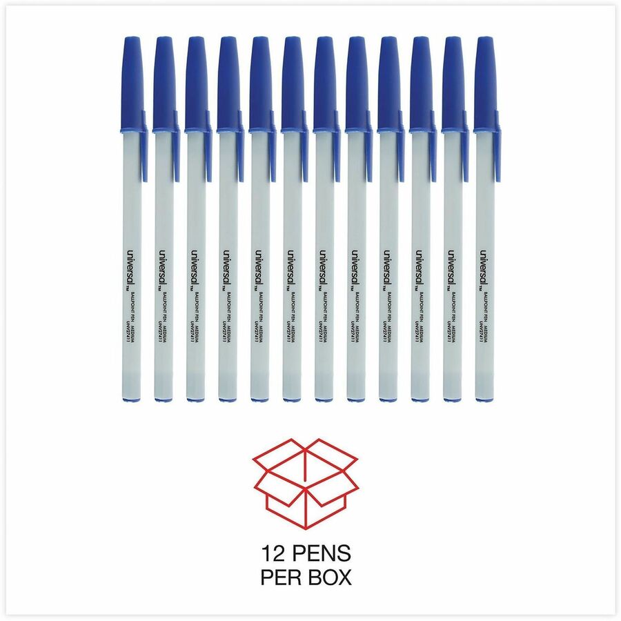 Universal Ballpoint Pen - 1 mm Medium, Conical Pen Point - Blue Ink - Oil Based - Gray Stick, Blue Barrel - Office - 1 Dozen