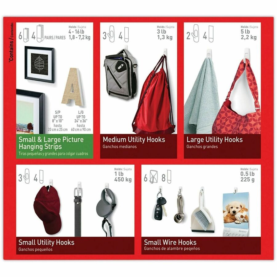Command Hanging Hooks Assortment - 14 Hooks - 3 Small Hook - 3 Medium Hook - 2 Large Hook - 16 lb (7.26 kg) Capacity - Adhesive - Assorted - Wire Hook - for General Purpose, Home, Wood, Tile, Glass, Metal, Hat, Calendar, Decoration, Fabric, Smooth Surf...