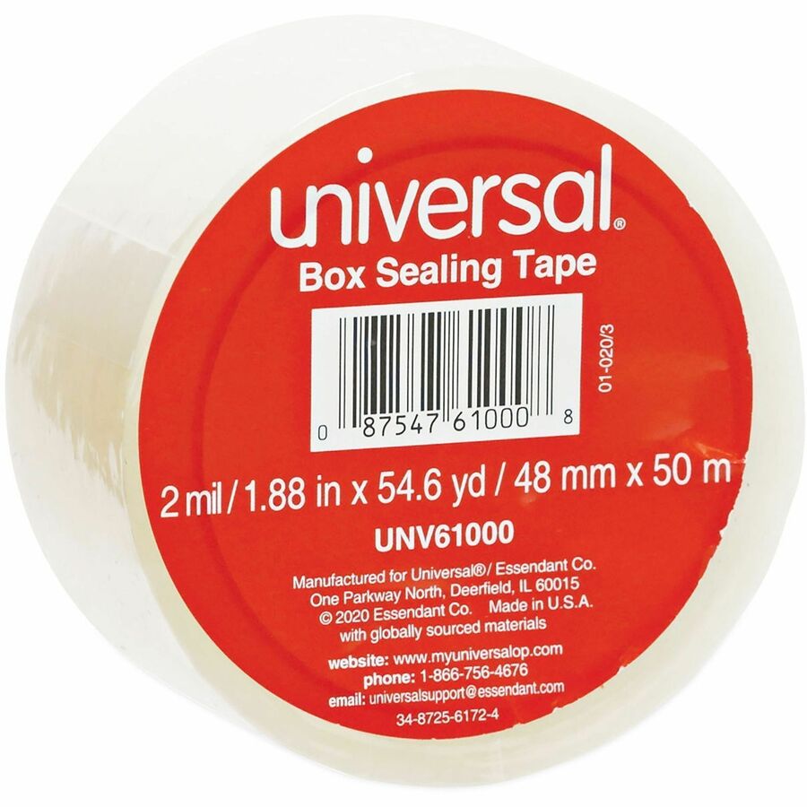 Universal General-Purpose Box Sealing Tape, 3" Core, 1.88" x 54.6 yds, Clear - 54.60 yd Length x 1.88" Width x 2 mil Thickness - 3" Core - Clear - Synthetic Rubber - Plastic Backing - 1 Roll