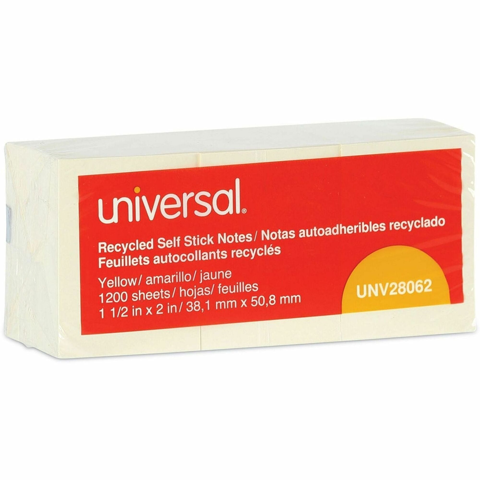 Universal Note Pad - 1 1/2" Flag/Note Width x 2" Flag/Note Length - Rectangle - 100 Sheets per Pad - Unruled - Yellow - Paper - Self-stick, Repositionable, Adhesive Backing - Recycled - 12 / Pack