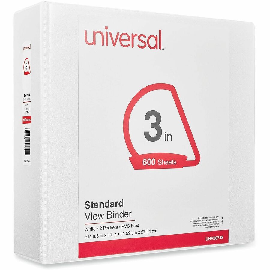 Universal Slant D-Ring View Binder, 3 Rings, 3" Capacity, 11 x 8.5, White - 3" Binder Capacity - 600 Sheet Capacity - 3 Ring(s) - Fastener(s): Ring - Pocket(s): 2, Inside Front & Back - Polypropylene - White - Non-stick - 1 Each