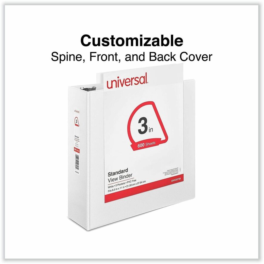 Universal Slant D-Ring View Binder, 3 Rings, 3" Capacity, 11 x 8.5, White - 3" Binder Capacity - 600 Sheet Capacity - 3 Ring(s) - Fastener(s): Ring - Pocket(s): 2, Inside Front & Back - Polypropylene - White - Non-stick - 1 Each