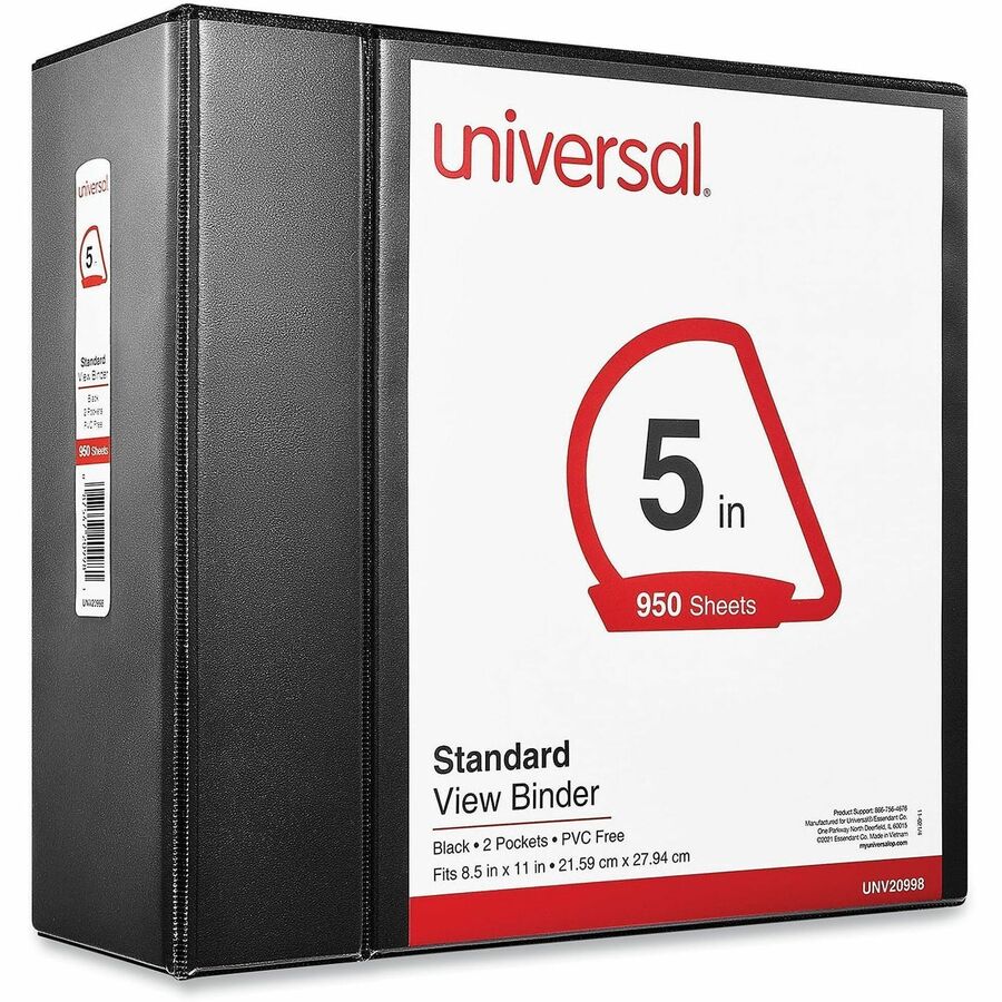 Universal Slant D-Ring View Binder, 3 Rings, 5" Capacity, 11 x 8.5, Black - 5" Binder Capacity - 950 Sheet Capacity - 3 Ring(s) - Fastener(s): Ring - Pocket(s): 2, Inside Front & Back - Polypropylene - Black - Non-stick - 1 Each