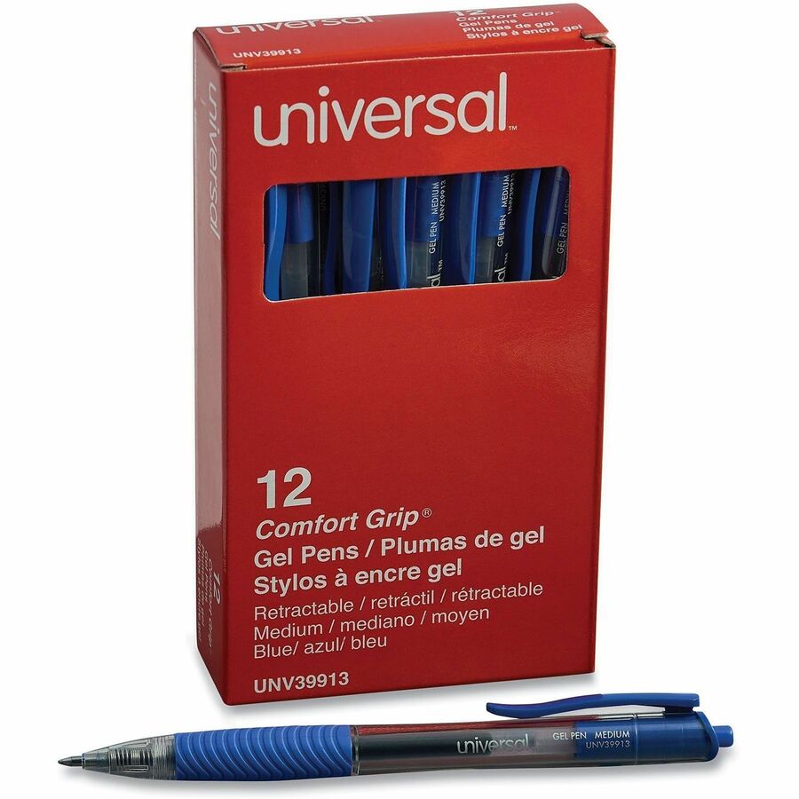 Universal Comfort Grip Gel Pen - 0.7 mm Medium, Conical Pen Point - Retractable - Blue Ink - Gel-based, Water Based - Clear, Blue Barrel - 1 Dozen