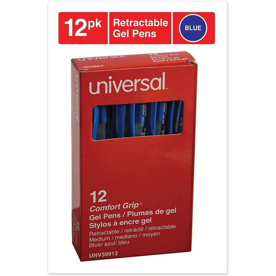 Universal Comfort Grip Gel Pen - 0.7 mm Medium, Conical Pen Point - Retractable - Blue Ink - Gel-based, Water Based - Clear, Blue Barrel - 1 Dozen