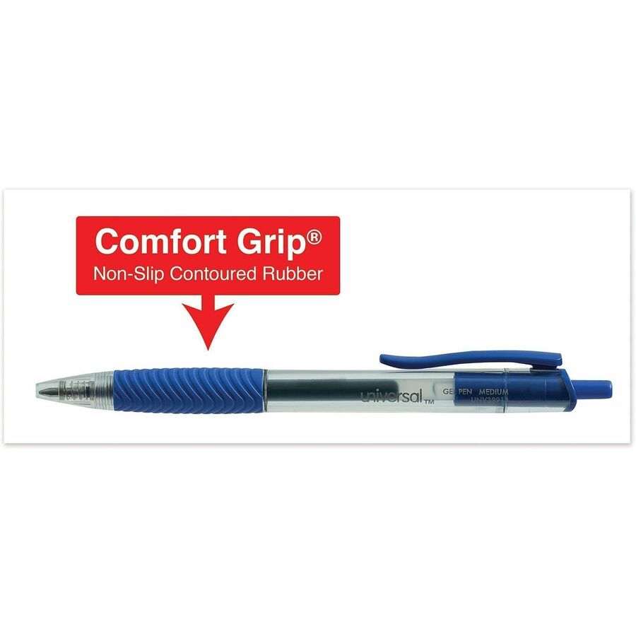 Universal Comfort Grip Gel Pen - 0.7 mm Medium, Conical Pen Point - Retractable - Blue Ink - Gel-based, Water Based - Clear, Blue Barrel - 1 Dozen