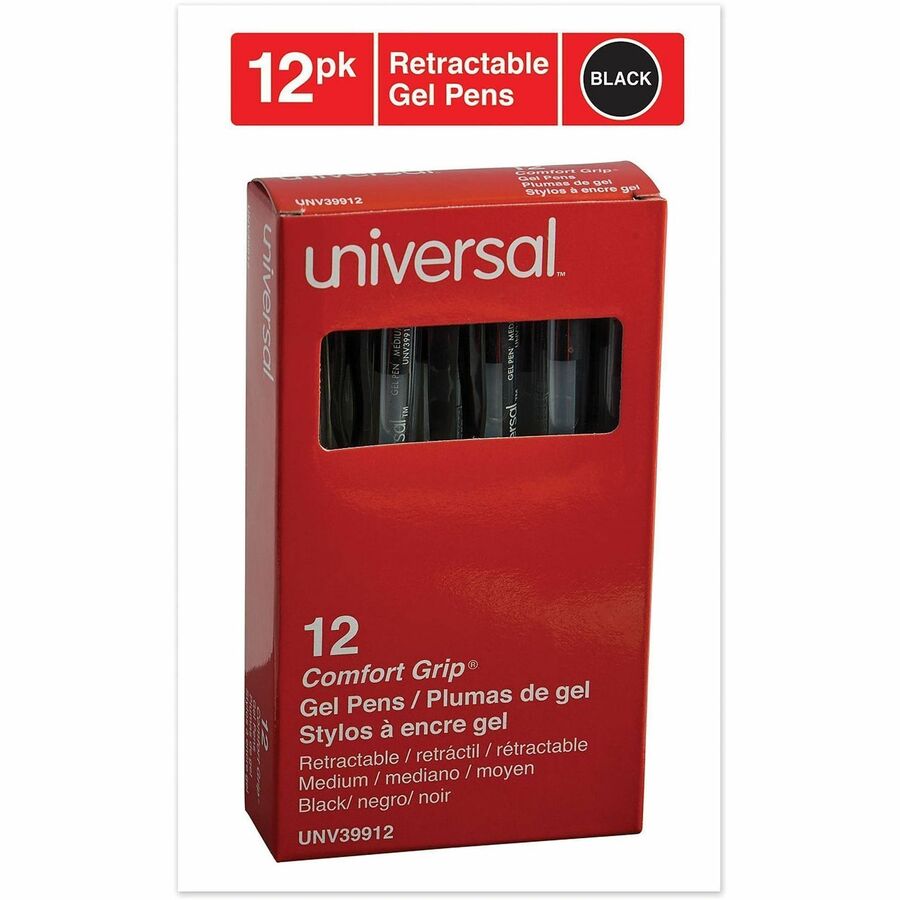 Universal Comfort Grip Gel Pen - 0.7 mm Medium, Conical Pen Point - Retractable - Black Ink - Gel-based, Water Based - Clear, Black Barrel - 1 Dozen
