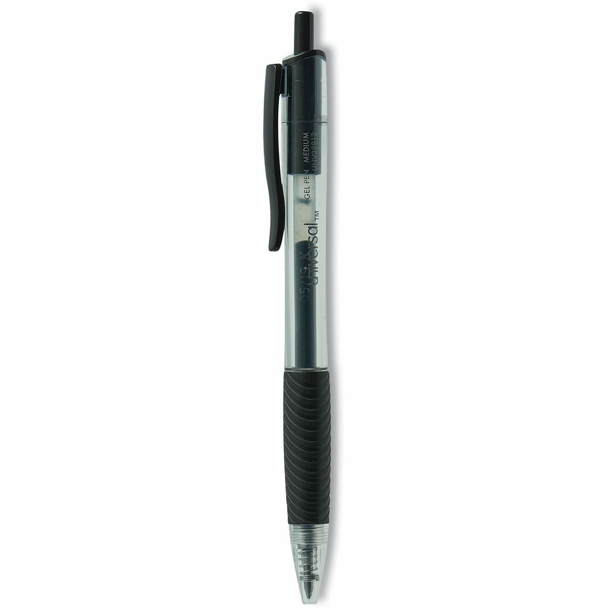 Universal Comfort Grip Gel Pen - 0.7 mm Medium, Conical Pen Point - Retractable - Black Ink - Gel-based, Water Based - Clear, Black Barrel - 1 Dozen