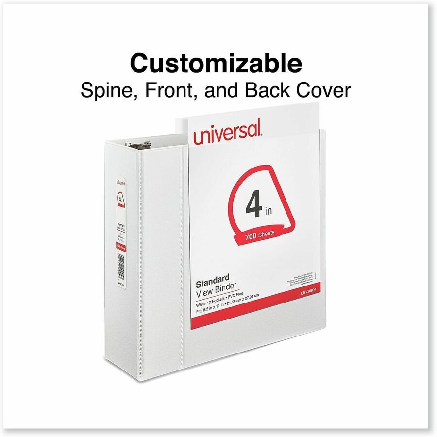 Universal Slant D-Ring View Binder, 3 Rings, 4" Capacity, 11 x 8.5, White - 4" Binder Capacity - 775 Sheet Capacity - 3 Ring(s) - Fastener(s): Ring - Pocket(s): 2, Inside Front & Back - Polypropylene - White - Non-stick - 1 Each