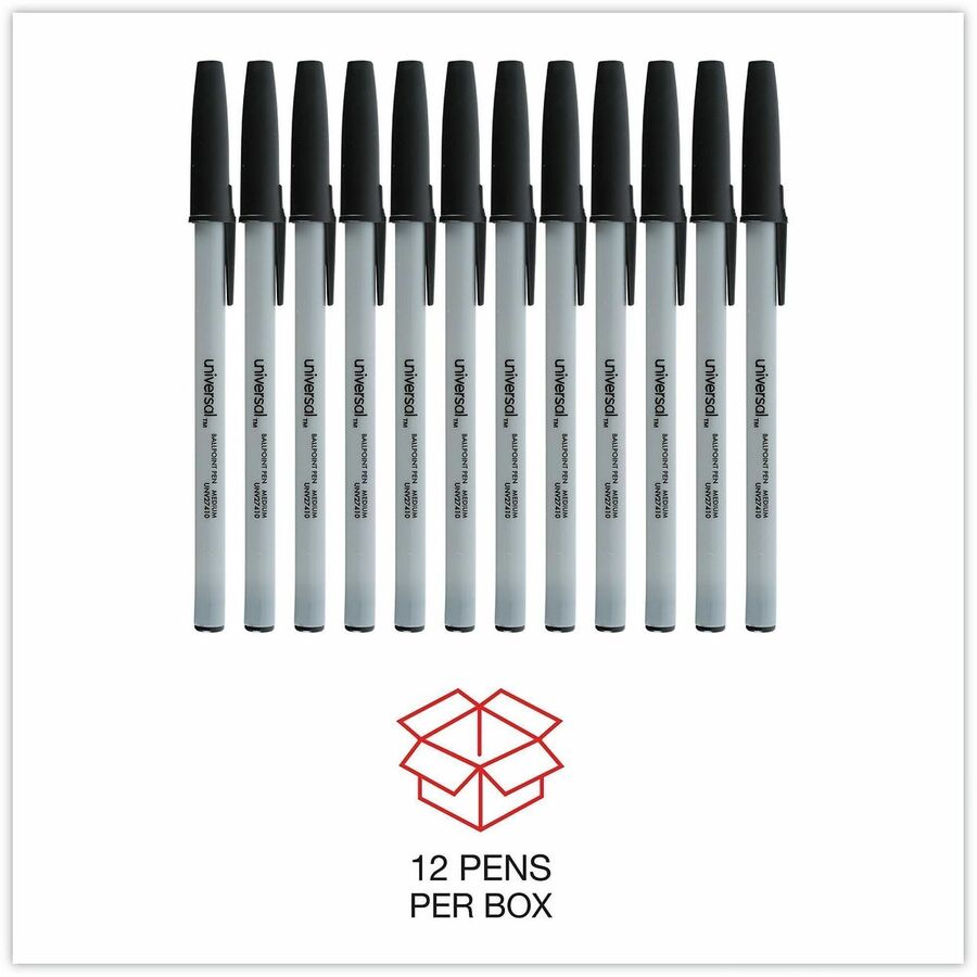 Universal Ballpoint Pen - 1 mm Medium, Conical Pen Point - Black Ink - Oil Based - Gray Stick, Black Barrel - Office - 1 Dozen