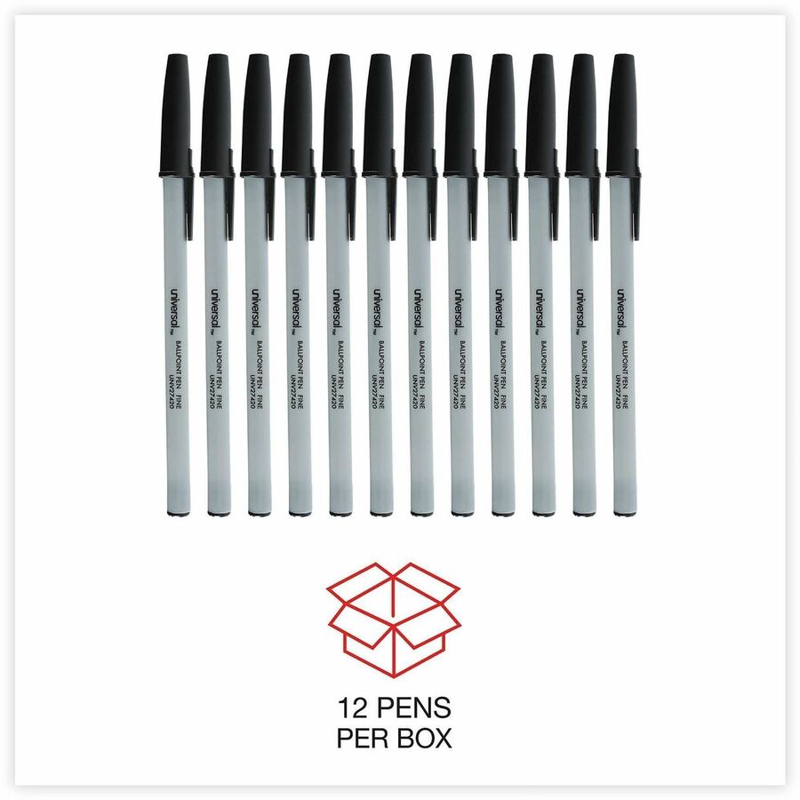 Universal Ballpoint Pen - Conical, 0.7 mm Fine Pen Point - Black Ink - Oil Based - Gray Stick, Black Barrel - Office - 1 Dozen