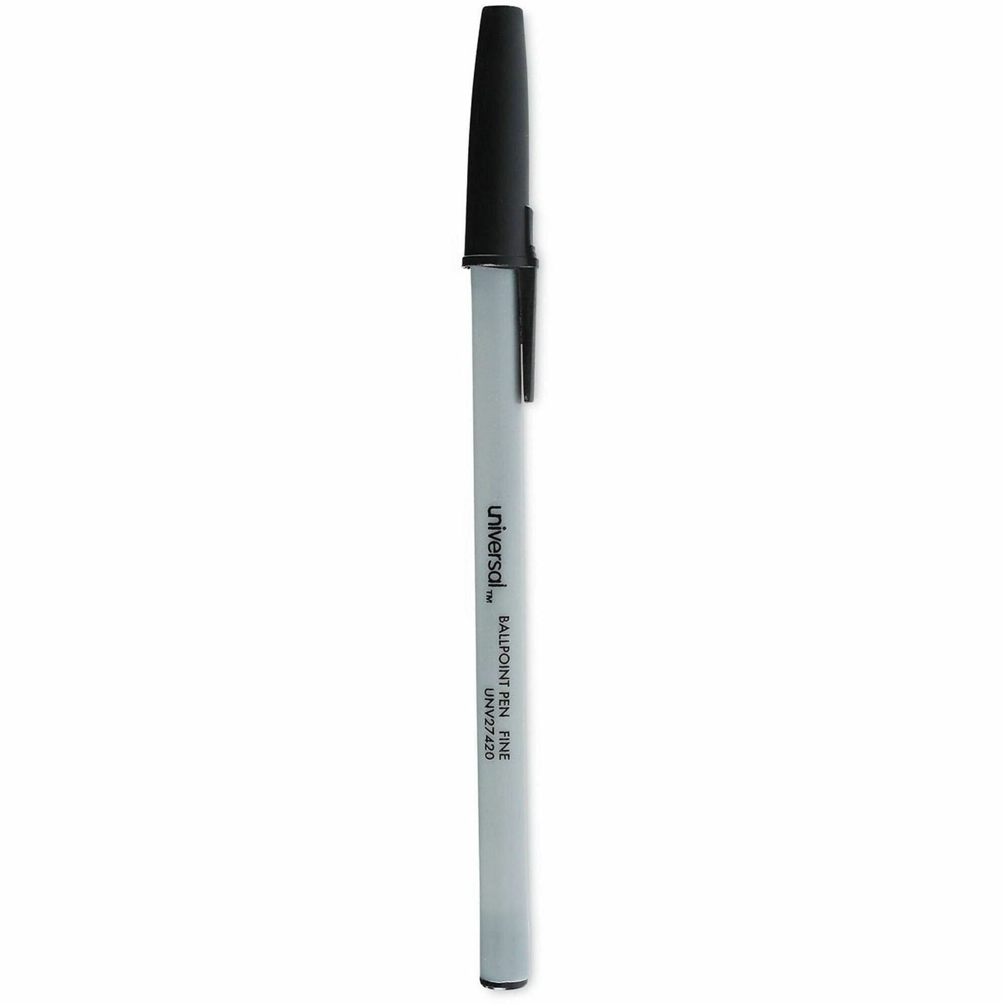 Universal Ballpoint Pen - Conical, 0.7 mm Fine Pen Point - Black Ink - Oil Based - Gray Stick, Black Barrel - Office - 1 Dozen
