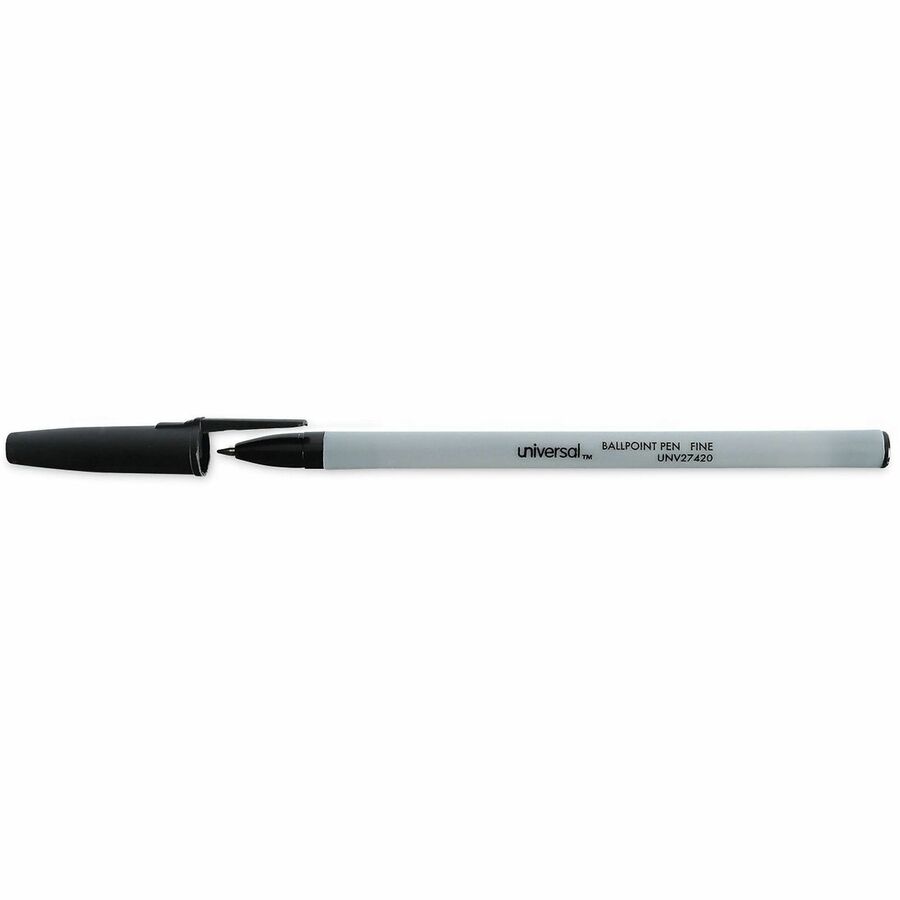 Universal Ballpoint Pen - Conical, 0.7 mm Fine Pen Point - Black Ink - Oil Based - Gray Stick, Black Barrel - Office - 1 Dozen
