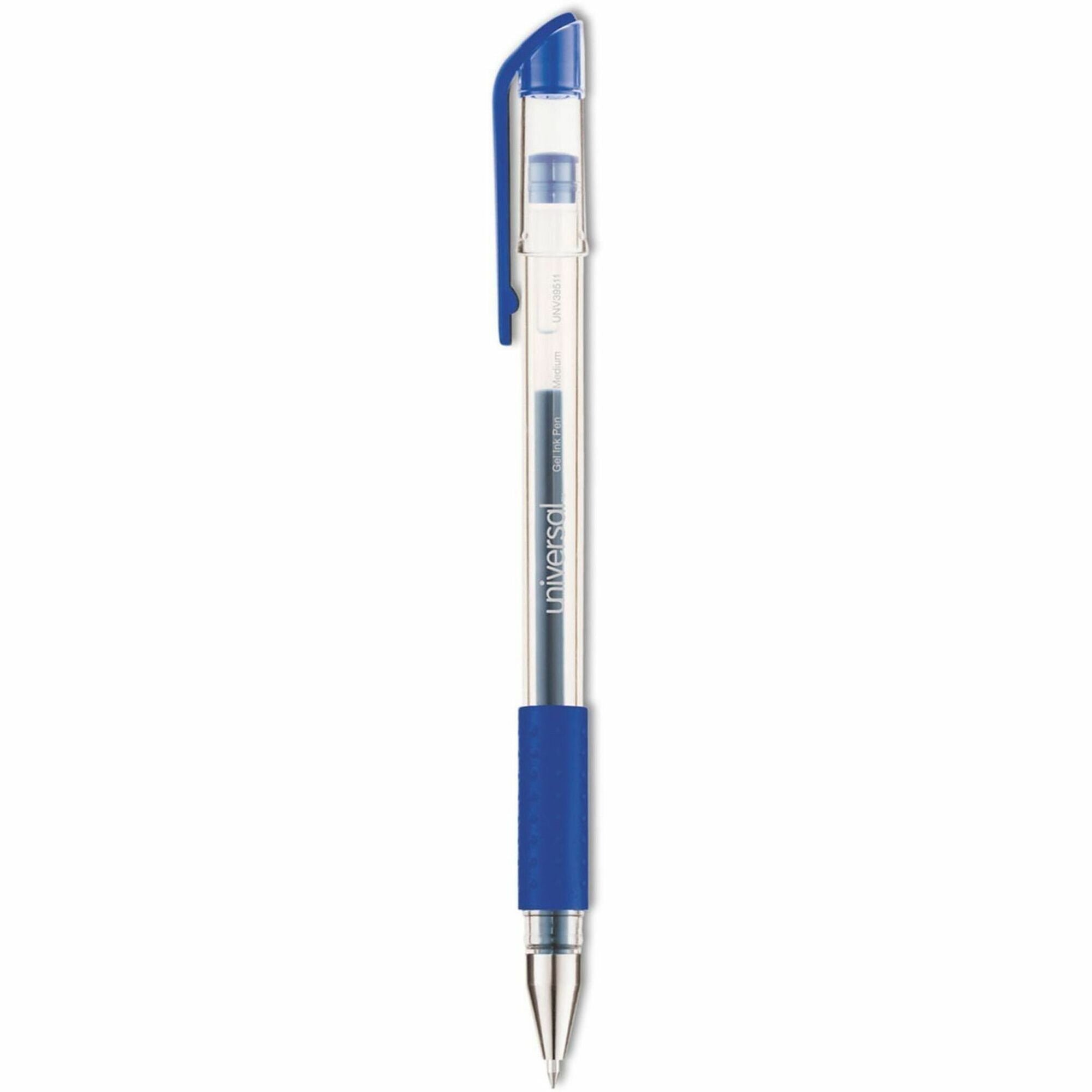 Universal Comfort Grip Gel Pen - 0.7 mm Medium, Conical Pen Point - Blue Ink - Gel-based, Water Based - Clear Stick, Blue Barrel - 1 Dozen