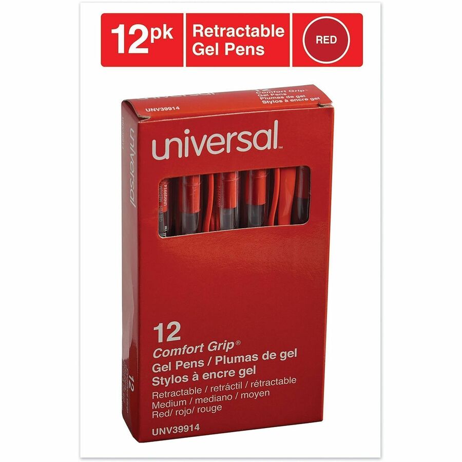 Universal - 0.7 mm Medium, Conical Pen Point - Retractable - Red Ink - Gel-based, Water Based - Clear, Red Barrel - 1 Dozen