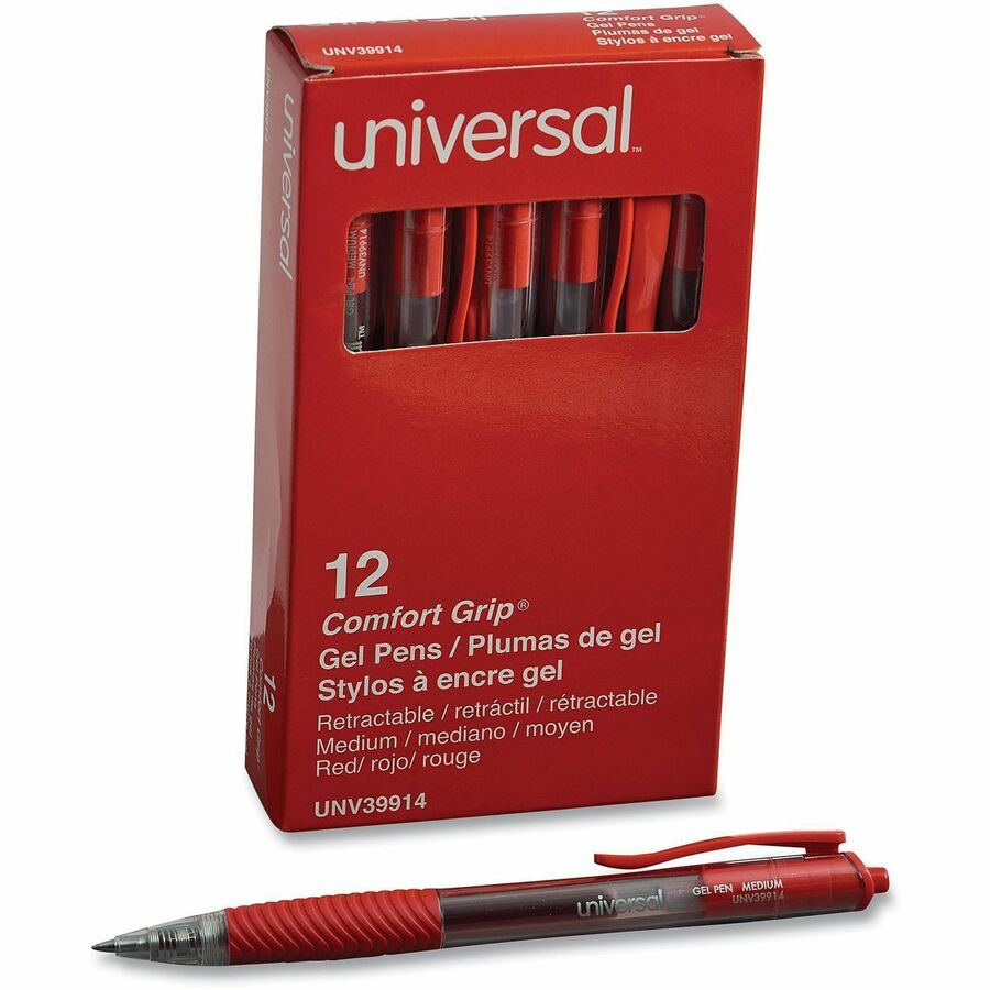 Universal - 0.7 mm Medium, Conical Pen Point - Retractable - Red Ink - Gel-based, Water Based - Clear, Red Barrel - 1 Dozen