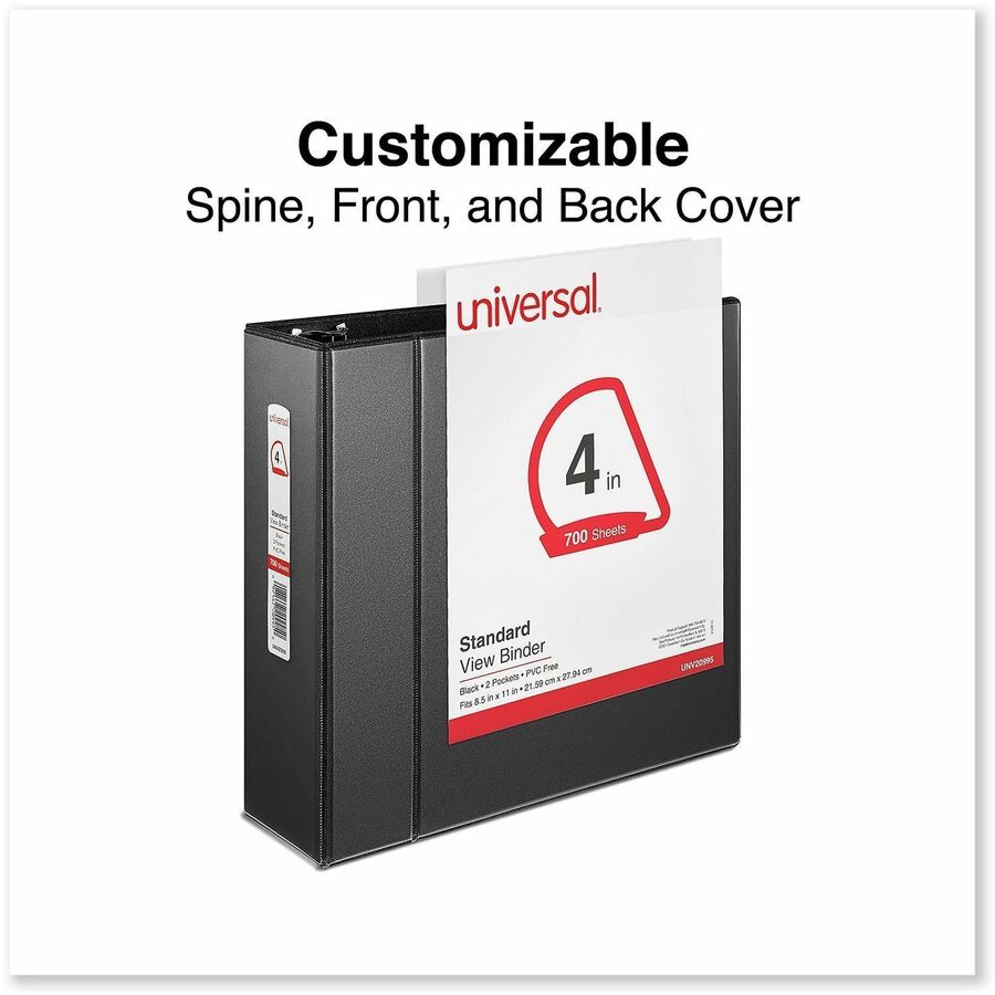 Universal Slant D-Ring View Binder, 3 Rings, 4" Capacity, 11 x 8.5, Black - 4" Binder Capacity - 775 Sheet Capacity - 3 Ring(s) - Fastener(s): Ring - Pocket(s): 2, Inside Front & Back - Polypropylene - Black - Non-stick - 1 Each