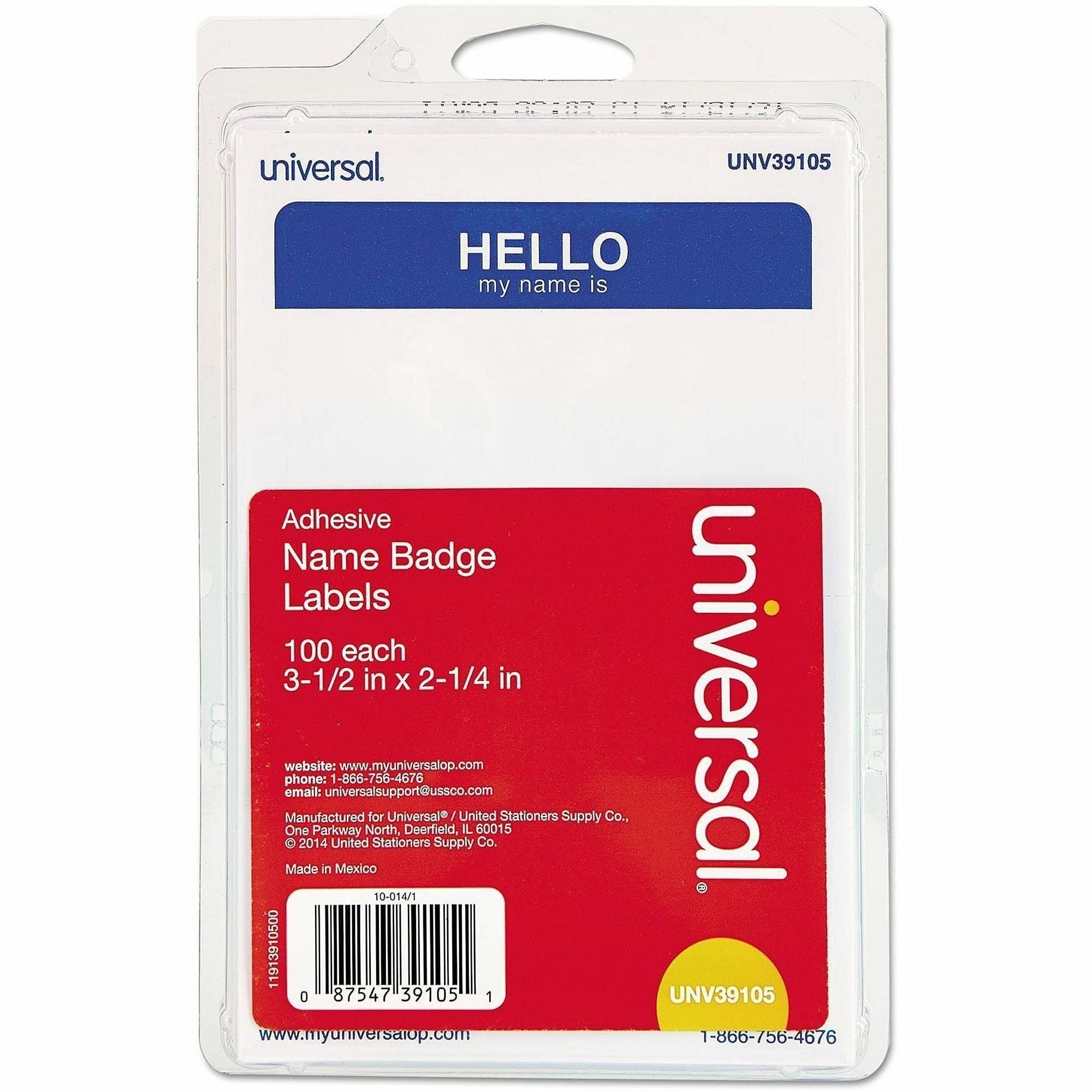 Universal Name Badge - Print/Message "HELLO my name is" - 3.5" Width x 2.3" Depth - Rectangular Shape - Self-adhesive, Removable - Meeting, Seminar, Conference - Paper - Blue, White - 100 / Pack