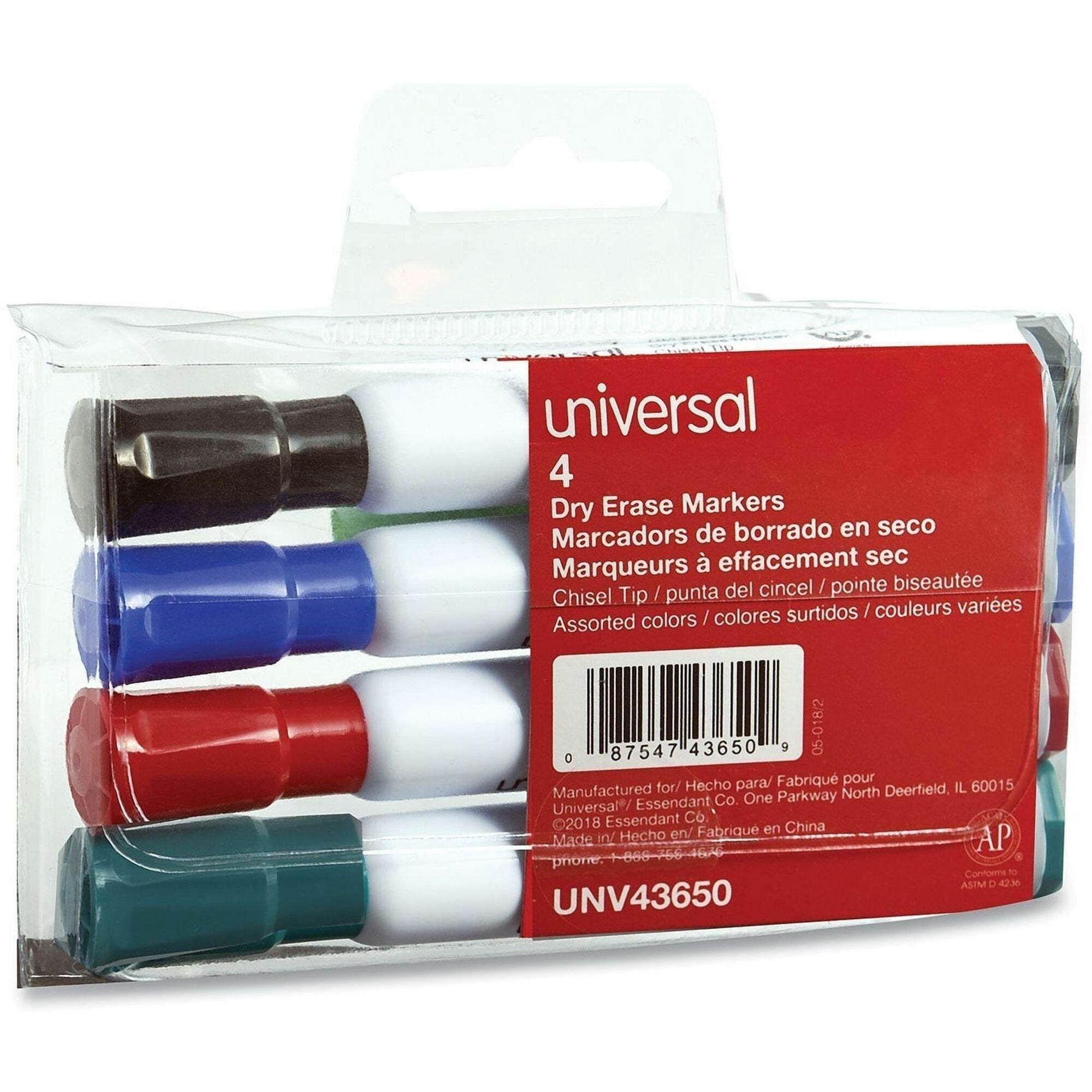 Universal Dry Erase Marker - Broad Chisel Marker Point - Erasable - Black, Blue, Green, Red Ink - Dry - Glass, Classroom, Home, Office - 4 / Set