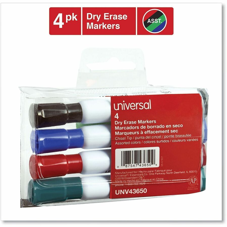Universal Dry Erase Marker - Broad Chisel Marker Point - Erasable - Black, Blue, Green, Red Ink - Dry - Glass, Classroom, Home, Office - 4 / Set
