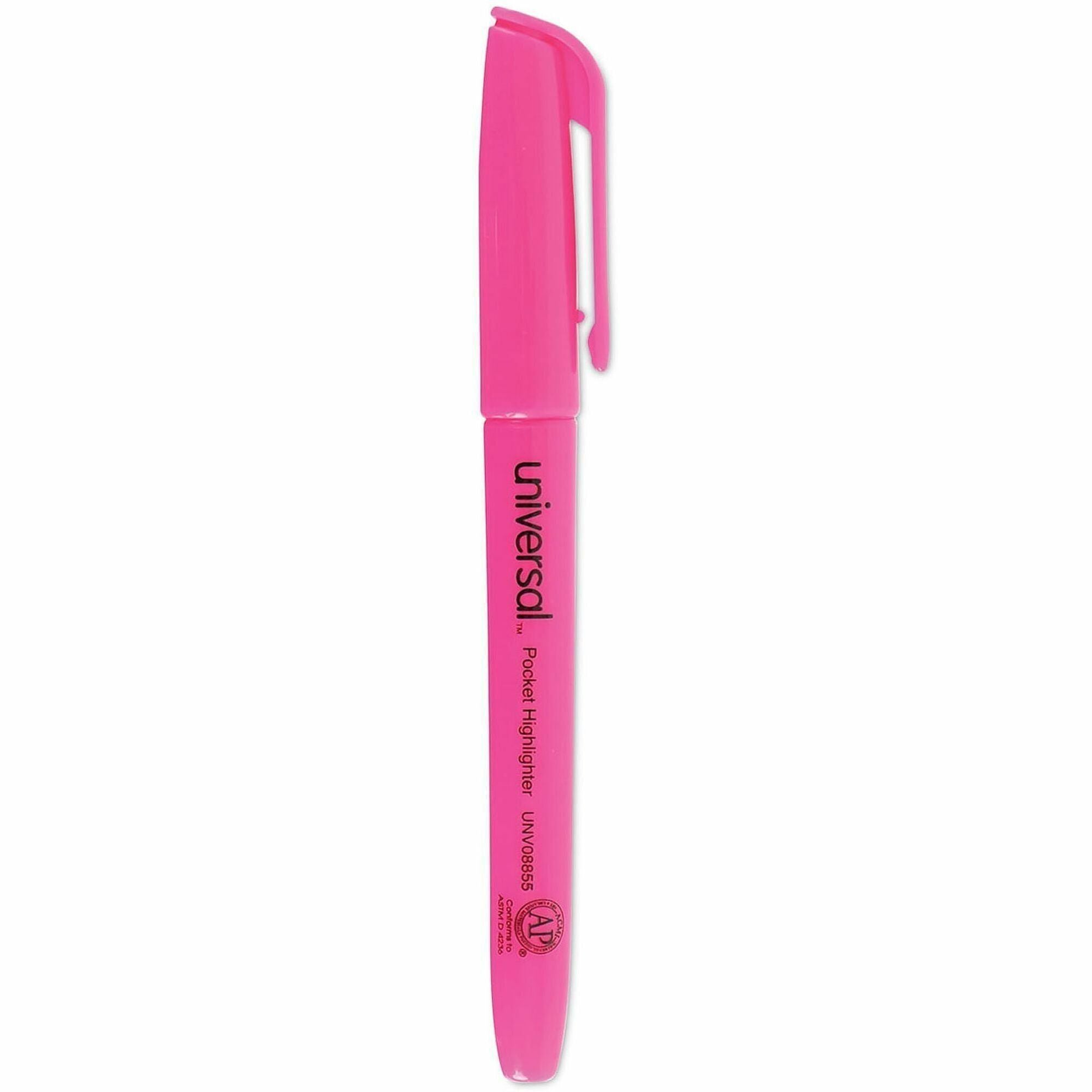 Universal Highlighter - Chisel, Broad, Narrow Marker Point - Fluorescent Pink Ink - Pink Barrel - 1 Dozen