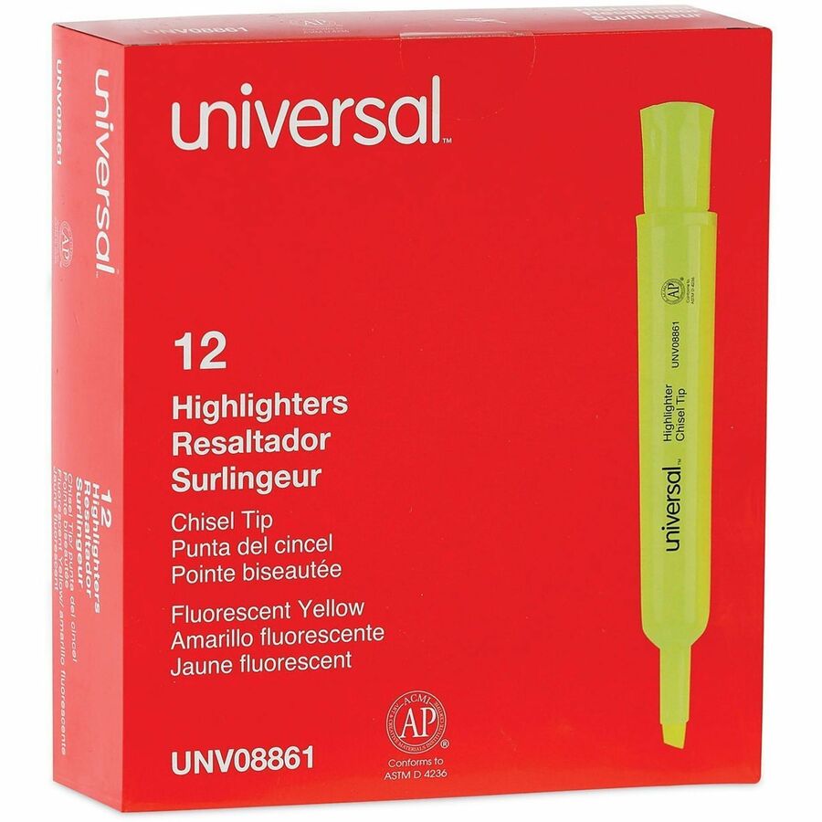 Universal Highlighter - Chisel, Broad, Narrow Marker Point - Fluorescent Yellow Ink - Yellow Barrel - 1 Dozen