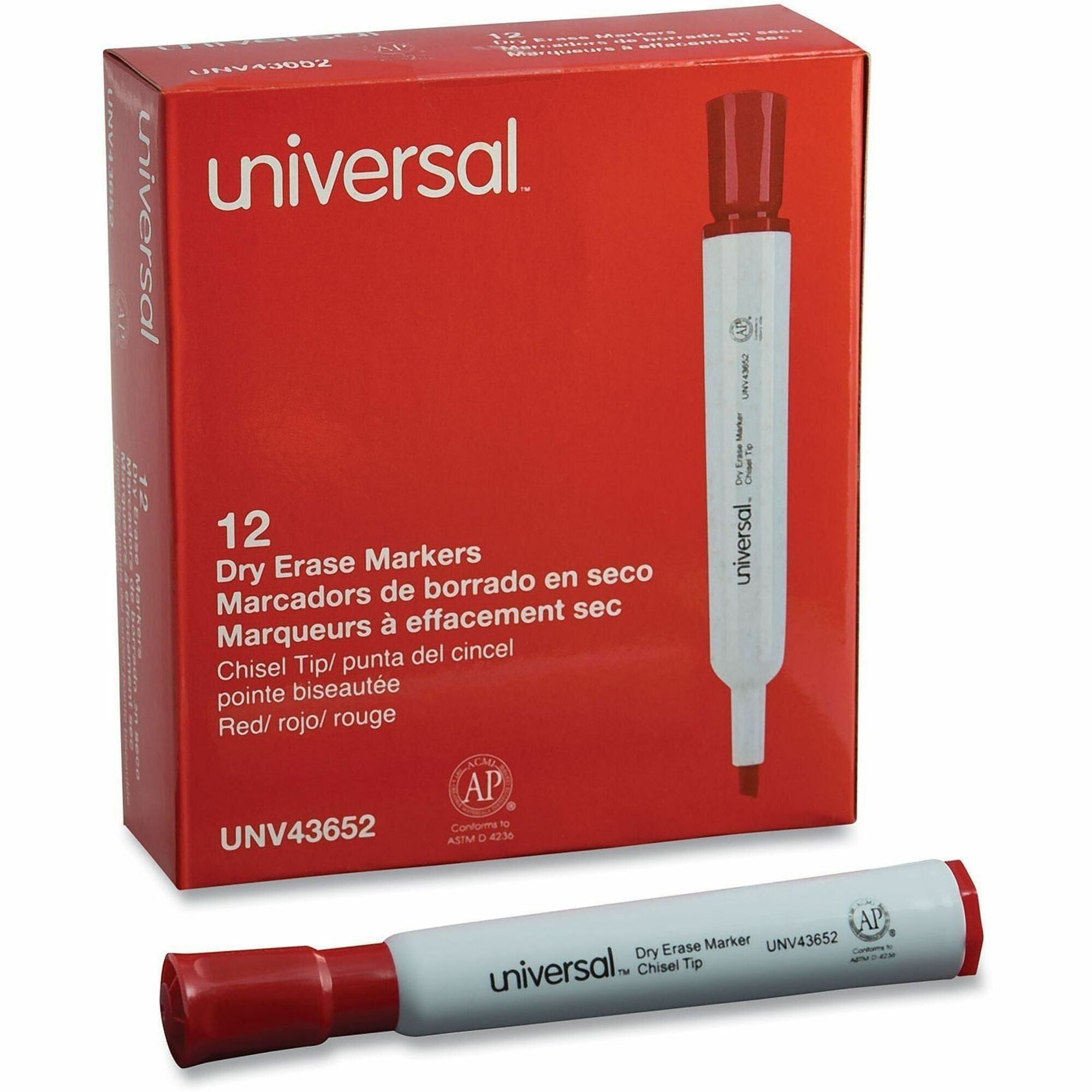 Universal Dry Erase Marker - Broad Chisel Marker Point - Erasable - Red Ink - Dry - Glass, General Purpose, Classroom, Home, Office - 1 Dozen