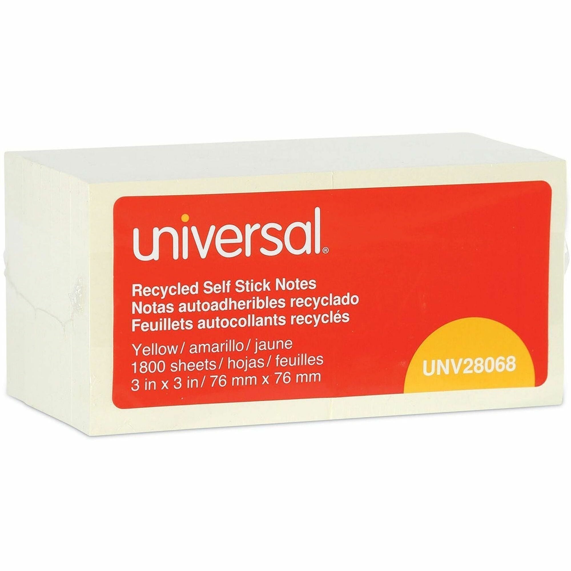 Universal Note Pad - 3" Flag/Note Width x 3" Flag/Note Length - Square - 100 Sheets per Pad - Unruled - Yellow - Paper - Self-stick, Repositionable, Adhesive Backing - Recycled - 18 / Pack