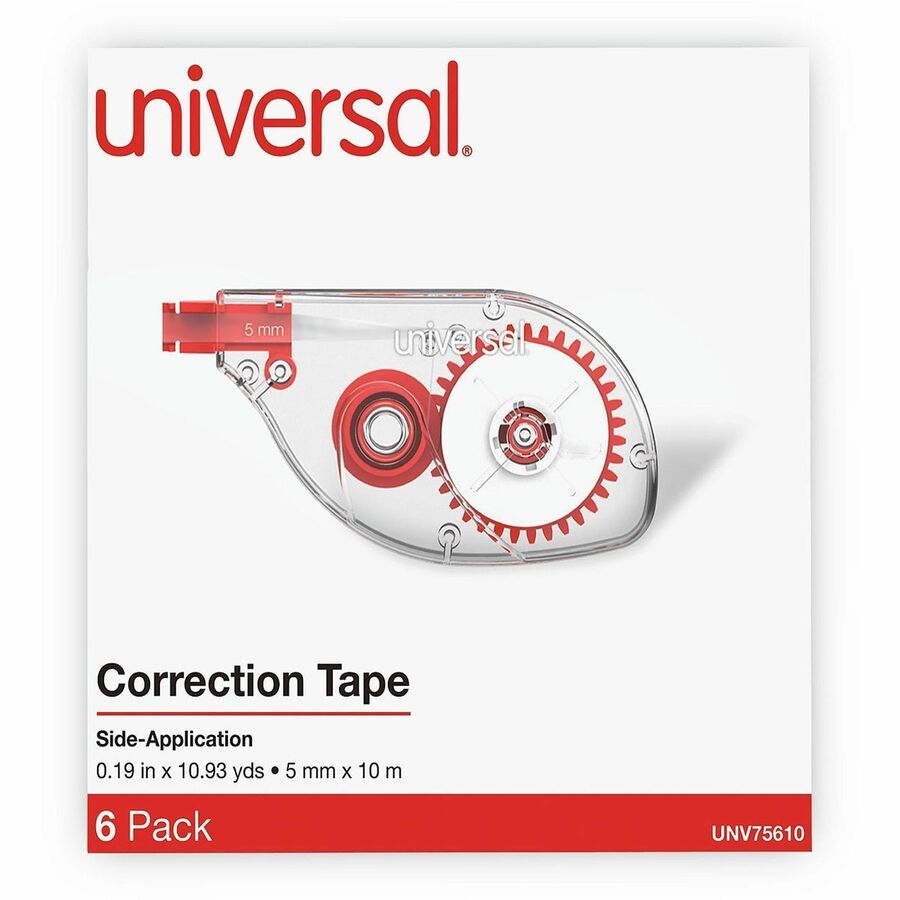 Universal Correction Tape - 0.20" Tape Width x 32.75 ft Tape Length - 1 Line(s) - White Tape - Red, Clear Dispenser - Non-refillable, Ergonomic, Tear Resistant, Flexible - Transparent - Film, Plastic - 6 / Pack