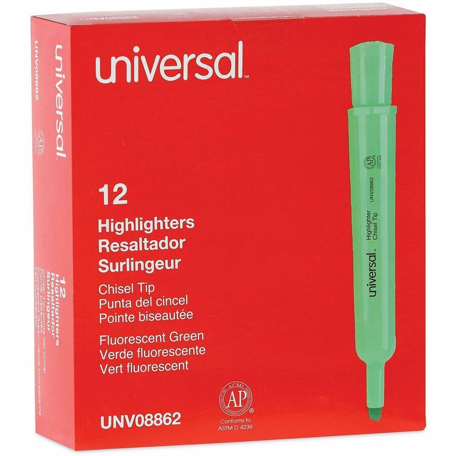 Universal Highlighter - Chisel Pen Point - Fluorescent Green Ink - Green Barrel - 1 Dozen