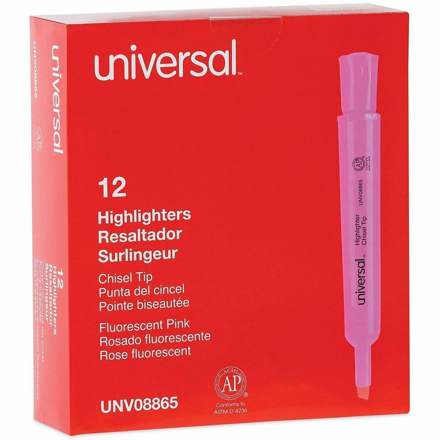 Universal Highlighter - Chisel, Broad, Narrow Marker Point - Fluorescent Pink Ink - Pink Barrel - 1 Dozen