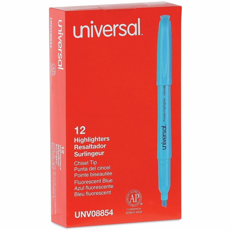 Universal Highlighter - Chisel, Broad, Narrow Marker Point - Fluorescent Blue Ink - Blue Barrel - 1 Dozen