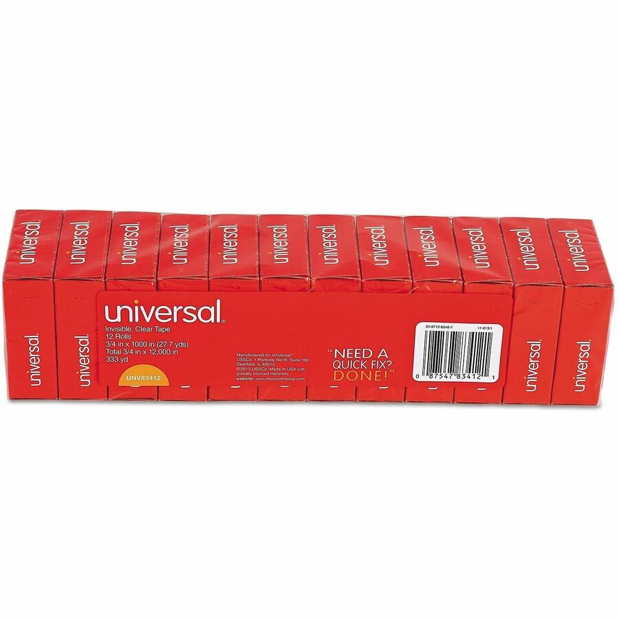 Universal Invisible Tape, 1" Core, 0.75" x 83.33 ft, Clear, 12/Pack - 27.78 yd Length x 0.75" Width x 2 mil Thickness - 1" Core - Matte - Clear - Acrylic - Plastic Backing - 12 / Pack