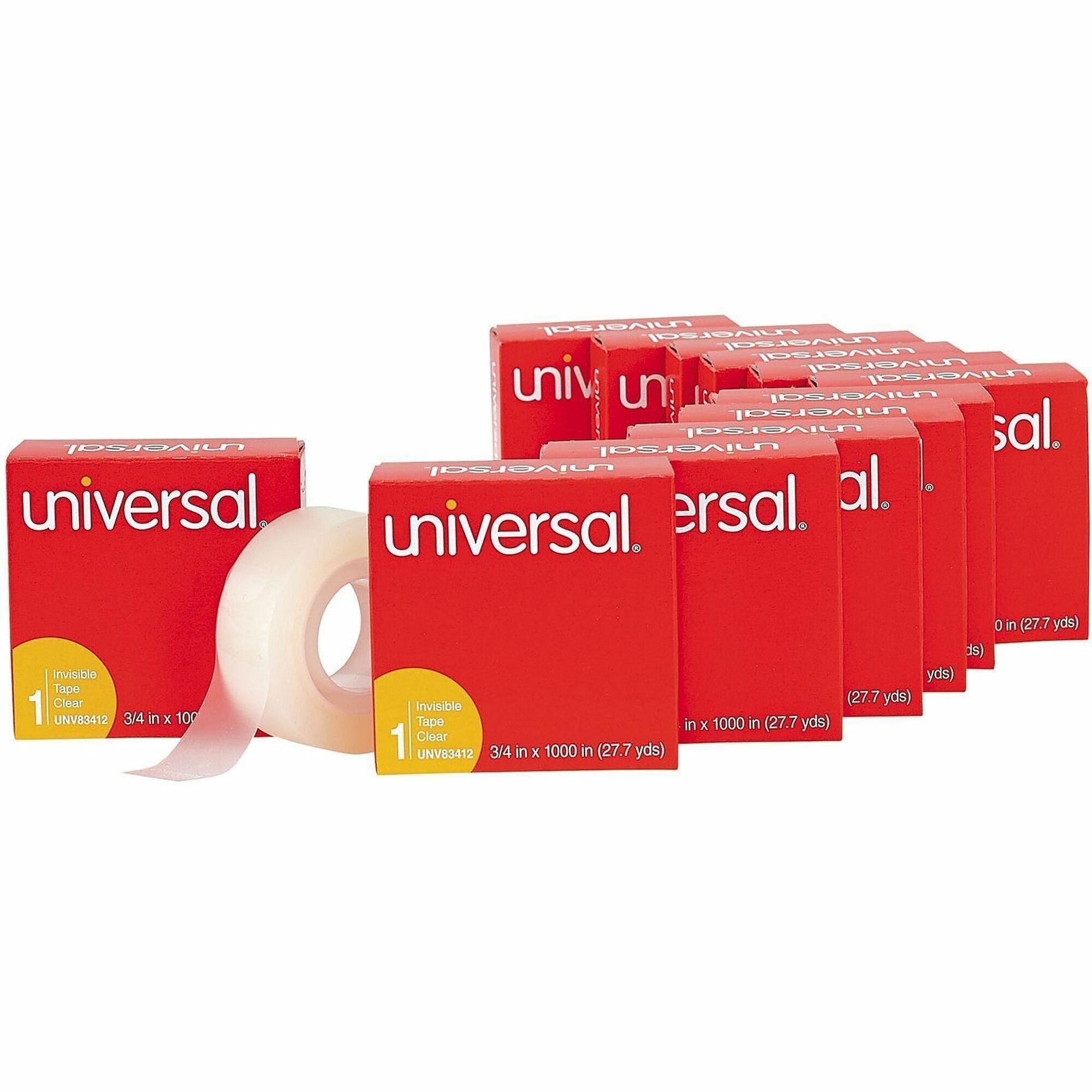 Universal Invisible Tape, 1" Core, 0.75" x 83.33 ft, Clear, 12/Pack - 27.78 yd Length x 0.75" Width x 2 mil Thickness - 1" Core - Matte - Clear - Acrylic - Plastic Backing - 12 / Pack