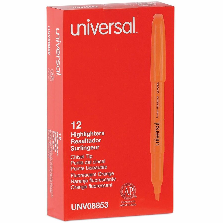 Universal Highlighter - Chisel, Broad, Narrow Marker Point - Fluorescent Orange Ink - Orange Barrel - 1 Dozen
