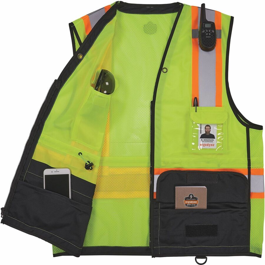 Ergodyne 8251HDZ-BK 2-Tone Hi-Vis Safety Vests - Large/Extra Large - Zipper Closure - Polyester Mesh, Polyester - Lime - Two-tone, High Visibility, Reflective Strap, Mesh Back, Breathable, Lightweight, Waist Cord, Drawstring Waist, Interior Pocket, Ext...