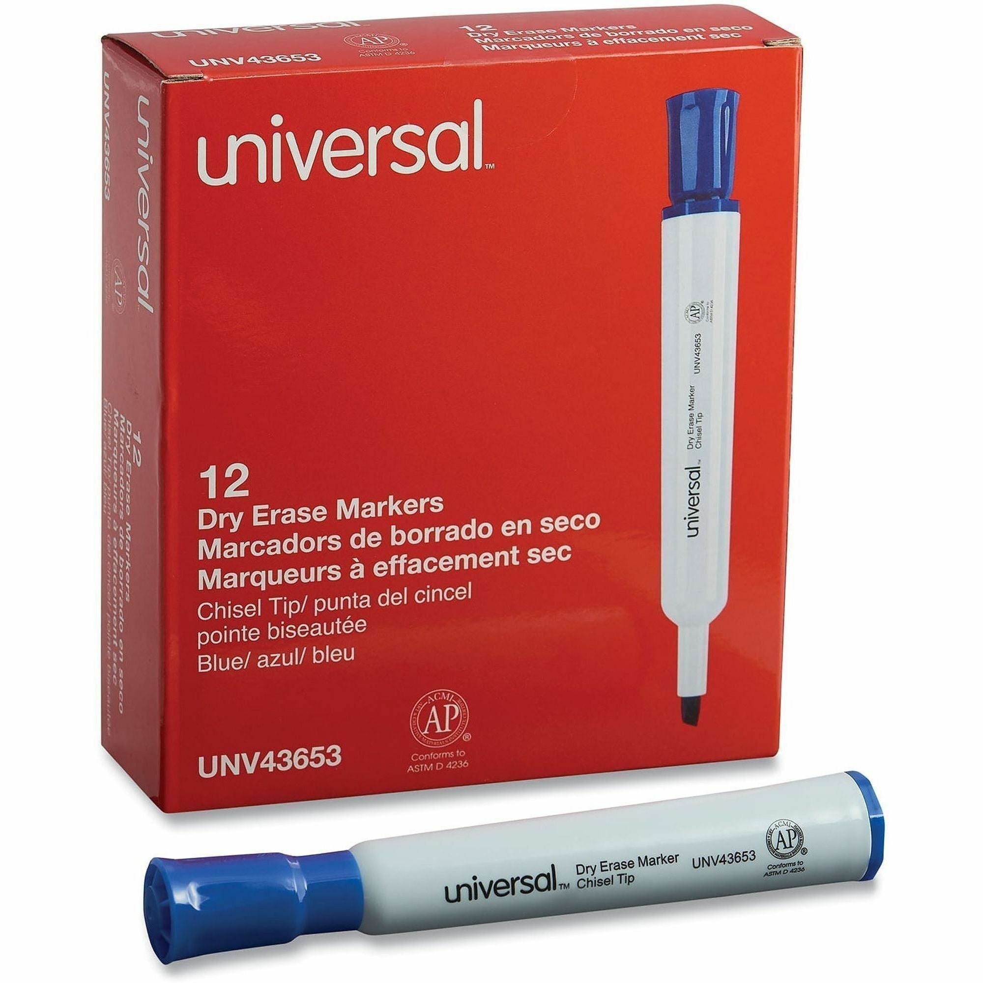 Universal Dry Erase Marker - Broad Chisel Marker Point - Erasable - Blue Ink - Dry - Glass, Classroom, Home, Office - 1 Dozen