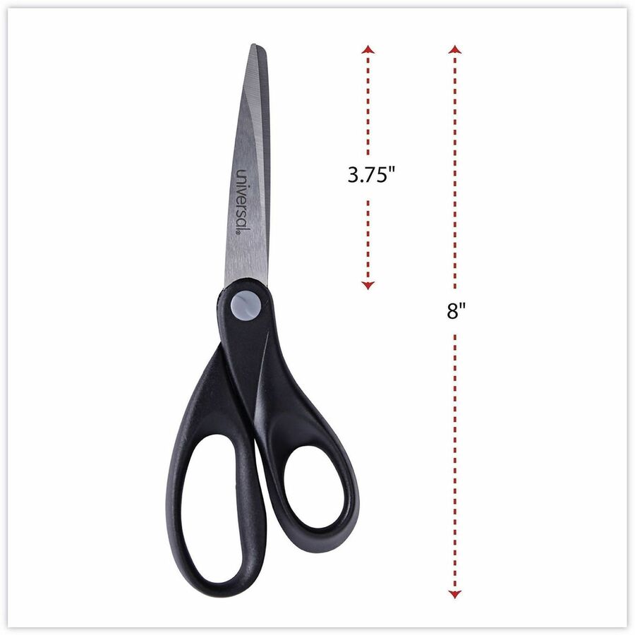Universal Scissors - 3.75" Cutting Length - 8" Overall Length - Straight-left/right - Stainless Steel - Pointed Tip - Stainless Steel, Black - 1 Each