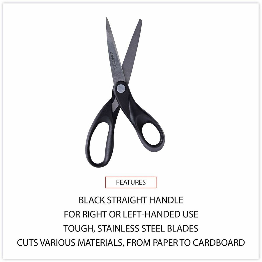 Universal Scissors - 3.75" Cutting Length - 8" Overall Length - Straight-left/right - Stainless Steel - Pointed Tip - Stainless Steel, Black - 1 Each