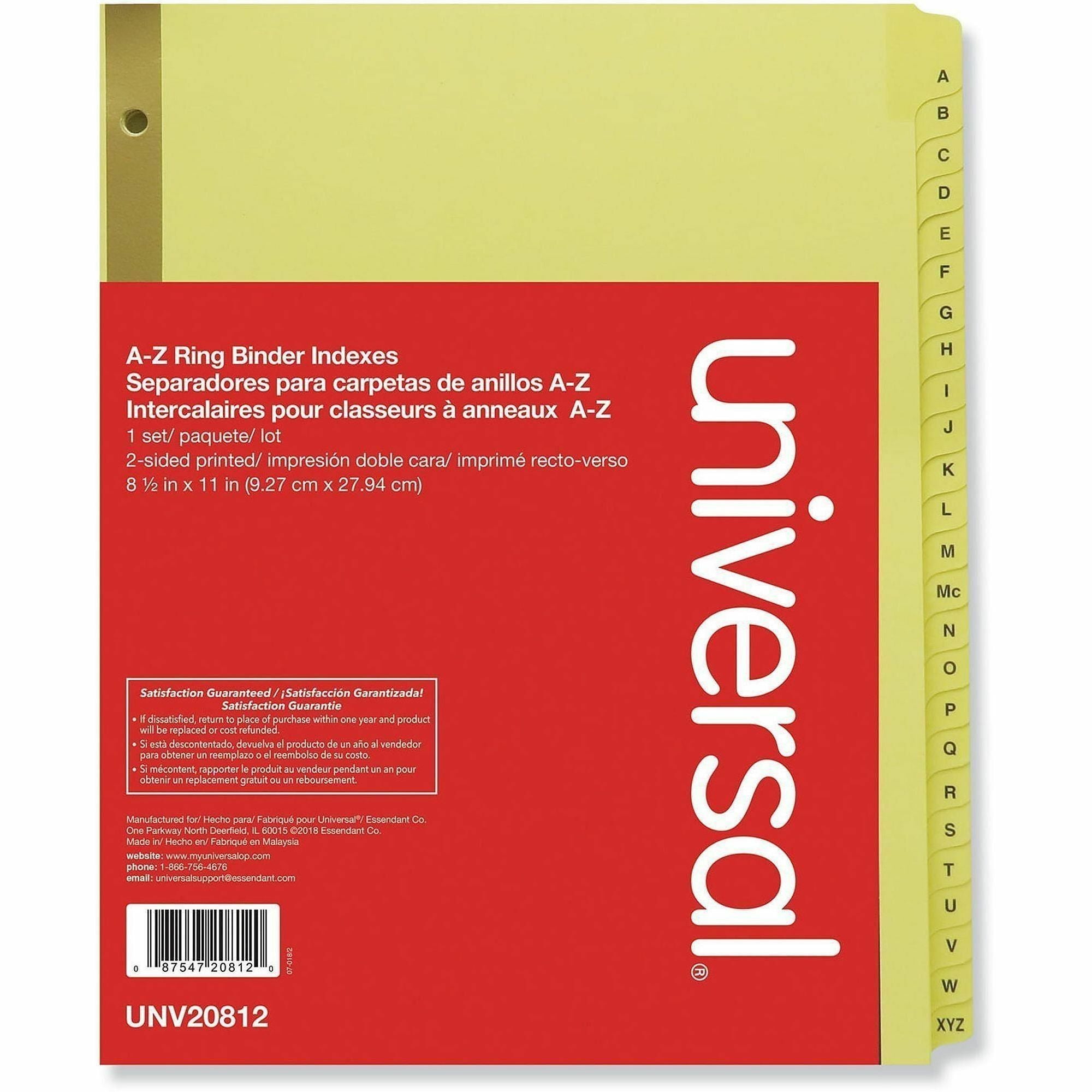 Universal Printed Alpha Index Dividers - 25 x Divider(s) - 25 Printed Side Tab(s) - Alphabet - A-Z - 25 Tab(s)/Set - 8.5" Divider Width x 11" Divider Length - 3 Hole Punched - Buff Paper Divider - Clear Buff Plastic, Paper Tab(s) - Pre-printed, Reinfor...