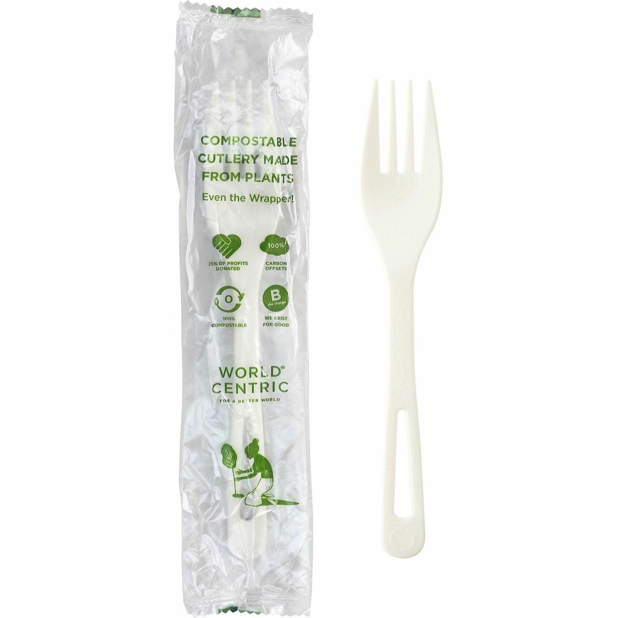 World Centric 6.3" TPLA Fork - Wrapped - Case of 750 - Fork - Fork - Dishwasher Safe - Talc-filled Polylactic Acid (TPLA) - 750 / Case
