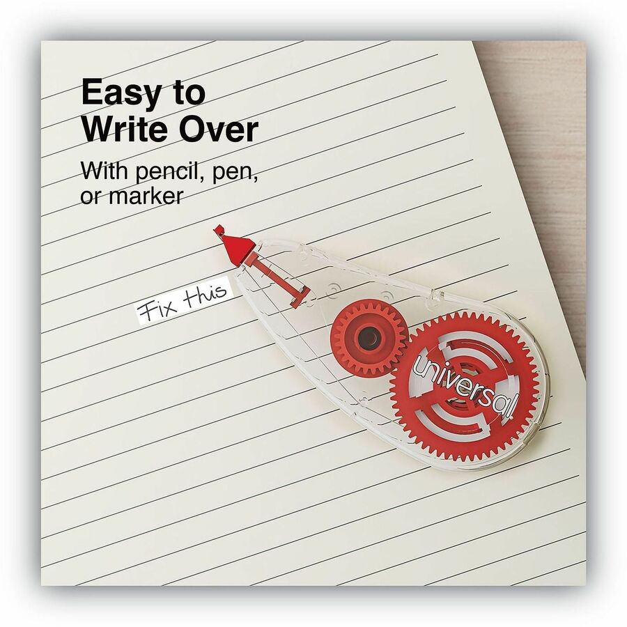 Universal Correction Tape - 0.20" Tape Width x 26.25 ft Tape Length - 1 Line(s) - White Tape - Clear, Red Dispenser - Non-refillable, Easy to Use, Comfortable - Plastic, Film - 6 / Box