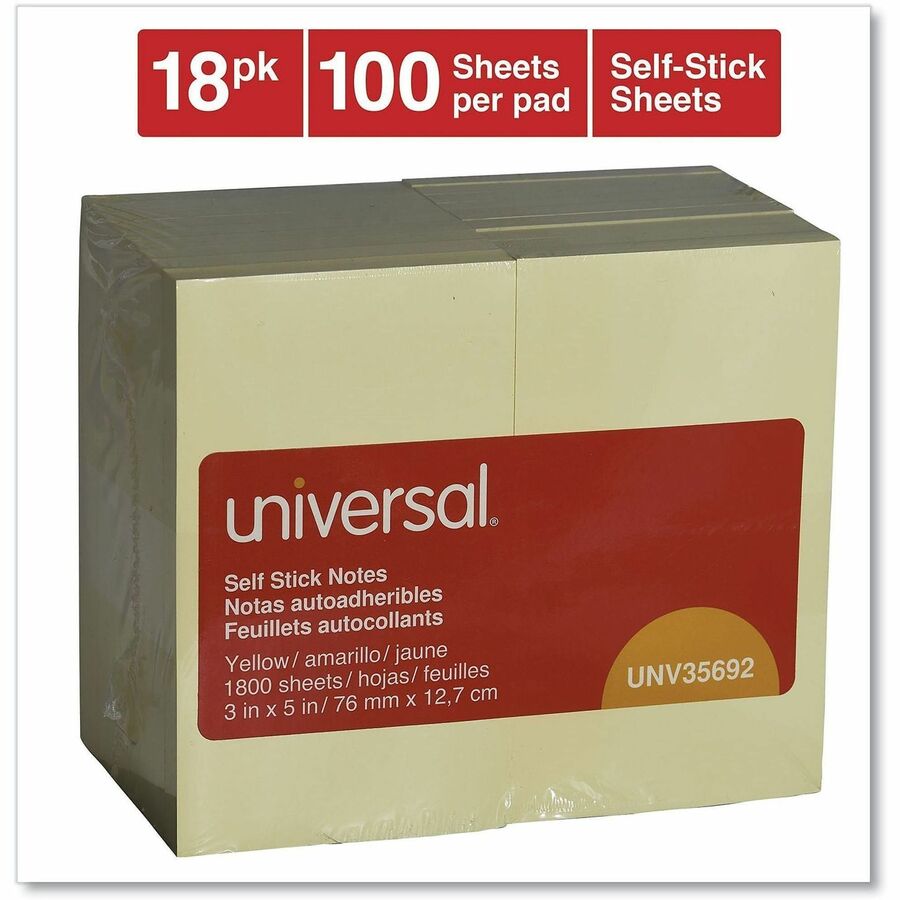 Universal Standard Self-Stick Pads - 1800 x Yellow - 3" Flag/Note Width x 5" Flag/Note Length - Rectangle - 100 Sheets per Pad - Unruled - Yellow - Self-stick, Residue-free - 18 Pads/Pack - 1 Pack