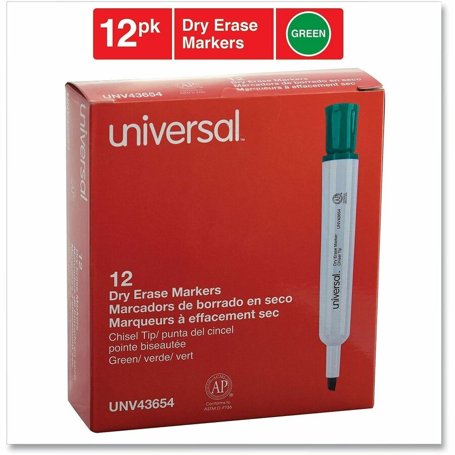 Universal Dry Erase Marker - Broad Chisel Marker Point - Erasable - Green Ink - Dry - Glass, Classroom, Home, Office - 1 Dozen